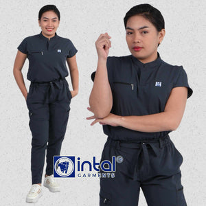 INTAL SCRUBSUIT 084 ELITE PRO MAALAGA Elegant Stretchfine Fabric Continuous Sleeves Cargo Tapered Zipper