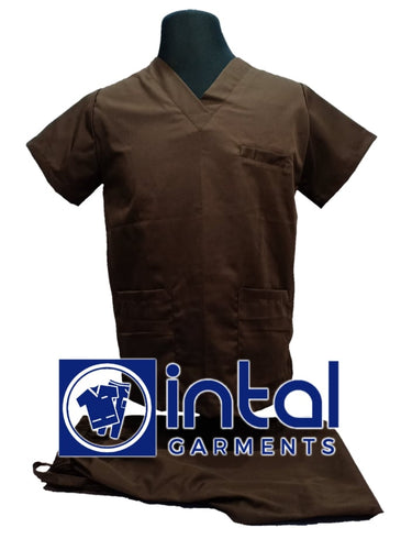 INTAL SCRUBSUIT 01A HIGH QUALITY Classic V-Neck Regular 4 Pocket Pants Unisex Scrubs - CHOCOLATE BROWN