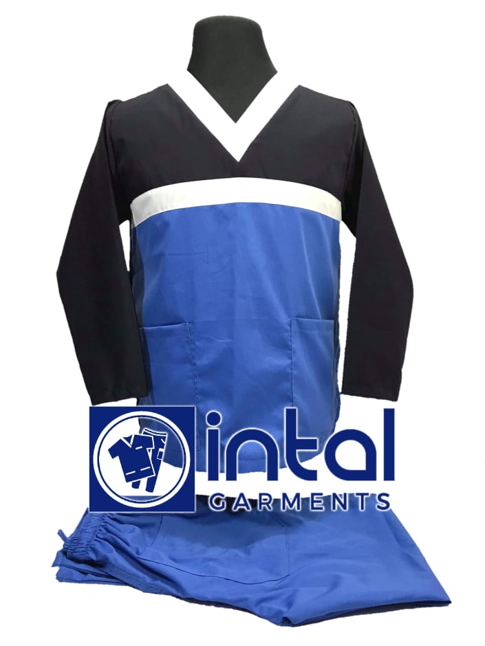 SCRUB SUIT High Quality SS_03 LONG SLEEVE Polycotton by INTAL GARMENTS Color Azure Blue - White - Midnight Blue