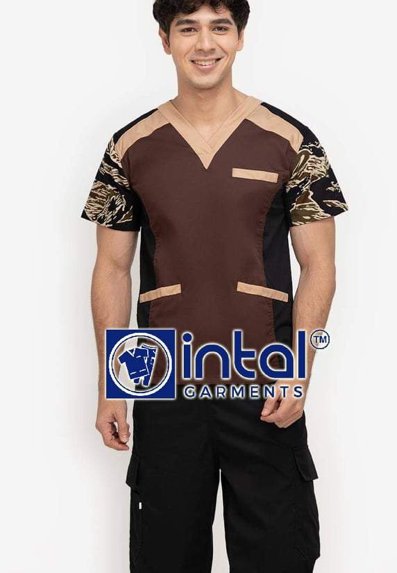 Scrub Suit High Quality Medical Doctor Nurse Scrubsuit Cargo 6 Pocket Pants Unisex Scrubs 09D Chocolate Brown-Khaki Camouflage
