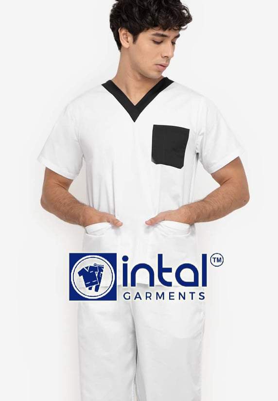 Scrub Suit High Quality Medical Doctor Nurse Scrubsuit Regular/Jogger 4 Pocket Pants Unisex Scrubs 01I White-Black