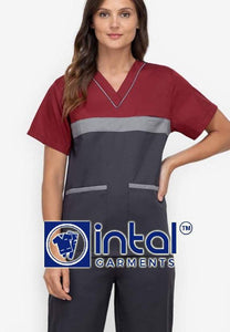Scrub Suit High Quality Medical Doctor Nurse Scrubsuit Regular/Jogger 4 Pocket Pants or Cargo 6 Pocket Pants Unisex Scrubs 03B Charcoal Grey-Maroon