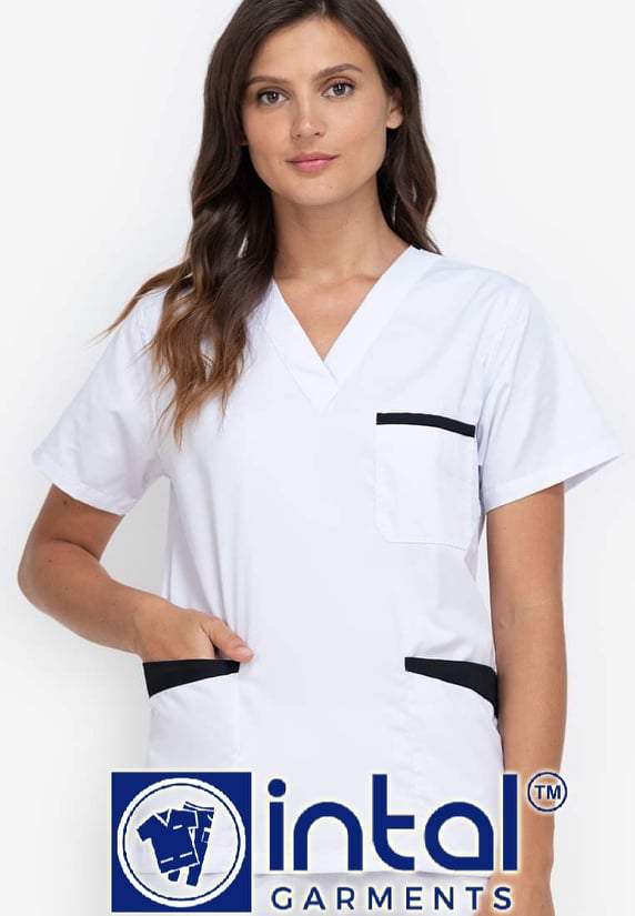 Scrub Suit High Quality Medical Doctor Nurse Scrub suit Regular/Jogger 4 Pocket Pants Unisex Scrubs 01B White-Black