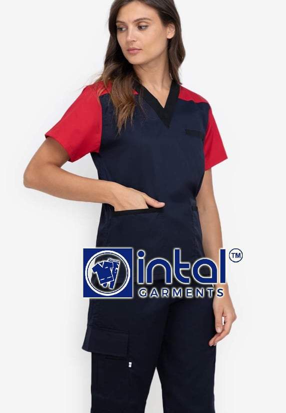Scrub Suit High Quality Medical Doctor Nurse Scrubsuit Regular/Jogger 4 Pocket Pants or Cargo 6 Pocket Pants Unisex Scrubs 05A Midnight Blue-Rose Pink