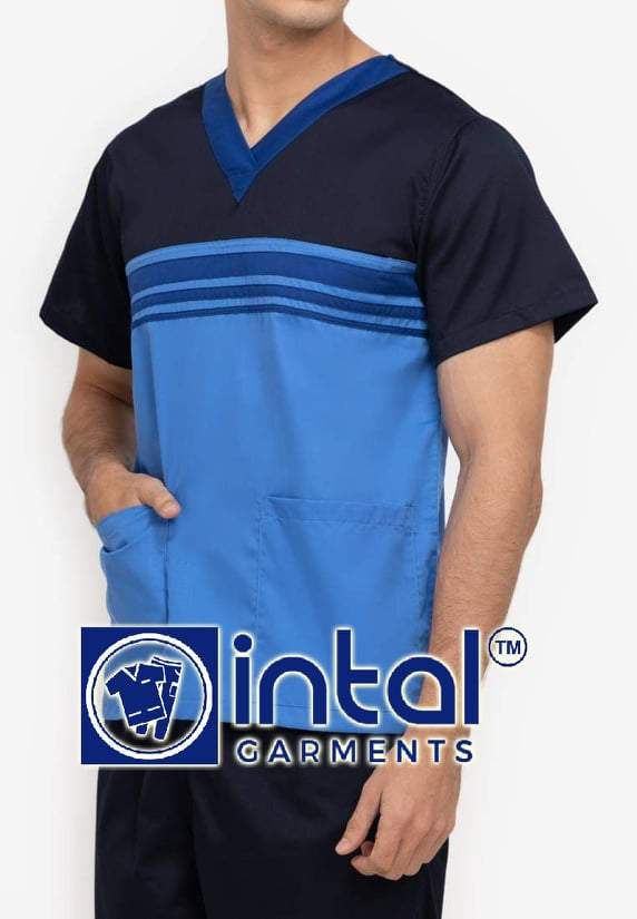 Scrub Suit High Quality Medical Doctor Nurse Scrubsuit Jogger 4 Pocket Pants Unisex Scrubs 03J Azure Blue-Midnight Blue