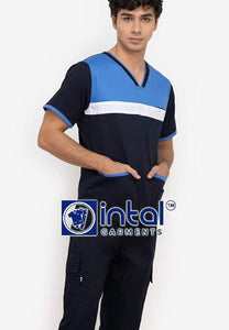 Scrub Suit High Quality Medical Doctor Nurse Scrubsuit Jogger or Cargo 6 Pocket Pants Unisex Scrubs 03F Midnight Blue-Azure Blue