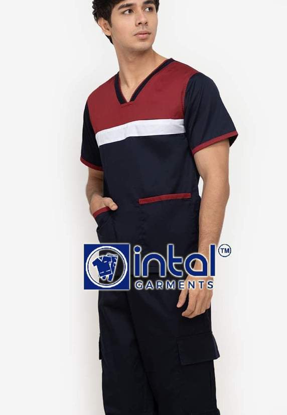 Scrub Suit High Quality Medical Doctor Nurse Scrubsuit Jogger or Cargo 6 Pocket Pants Unisex Scrubs 03F Midnight Blue-Maroon