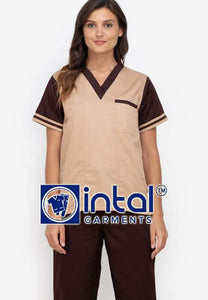Scrub Suit High Quality Medical Doctor Nurse Scrubsuit Regular/Jogger 4 Pocket Pants Unisex Scrubs 01D Khaki-Chocolate Brown