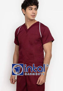 Scrub Suit High Quality Medical Doctor Nurse Scrubsuit Jogger 4 Pocket Pants Unisex Scrubs 05C Maroon-White