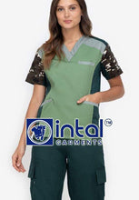 Scrub Suit High Quality Medical Doctor Nurse Scrubsuit Cargo 6 Pocket Pants Unisex Scrubs 09D Fern Green-Forest Green Camouflage