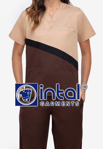 Scrub Suit High Quality Medical Doctor Nurse Scrubsuit Cargo 6 Pocket Pants Unisex Scrubs 15A Chocolate Brown-Khaki