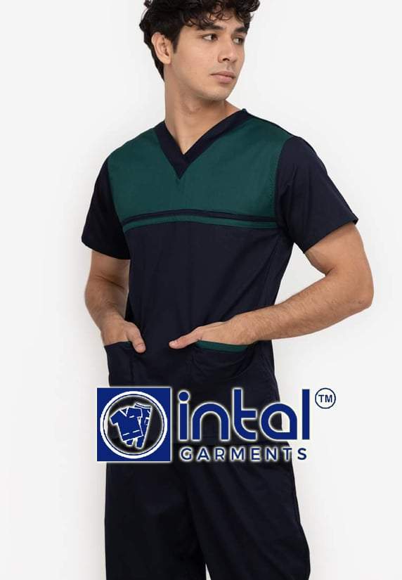 Scrub Suit High Quality Medical Doctor Nurse Scrubsuit Regular/Jogger 4 Pocket Pants Unisex Scrubs 03C Midnight Blue-Forest Green