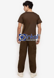 Scrub Suit High Quality Medical Doctor Nurse Scrubsuit Cargo 6 Pocket Pants Unisex Scrubs 13 Chocolate Brown-Khaki