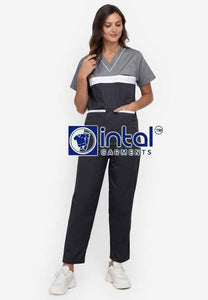 Scrub Suit High Quality Medical Doctor Nurse Scrubsuit Regular/Jogger 4 Pocket Pants or Cargo 6 Pocket Pants Unisex Scrubs 03B Charcoal and Light Grey