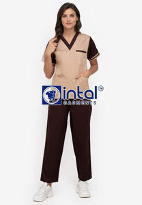 Scrub Suit High Quality Medical Doctor Nurse Scrubsuit Regular/Jogger 4 Pocket Pants Unisex Scrubs 01D Khaki-Chocolate Brown