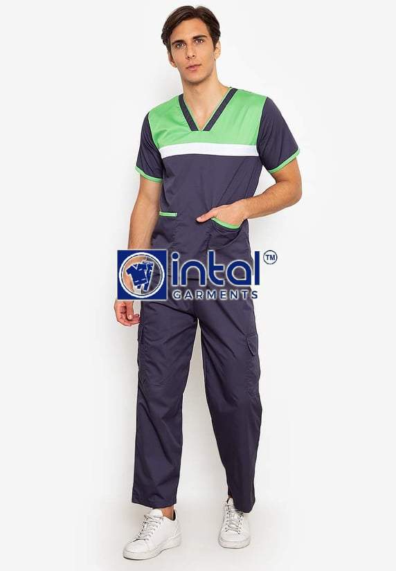 Scrub Suit High Quality Medical Doctor Nurse Scrubsuit Cargo 6 Pocket Pants Unisex Scrubs 03F Charcoal Grey-Kelly Green