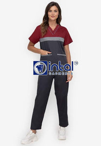Scrub Suit High Quality Medical Doctor Nurse Scrubsuit Regular/Jogger 4 Pocket Pants or Cargo 6 Pocket Pants Unisex Scrubs 03B Charcoal Grey-Maroon