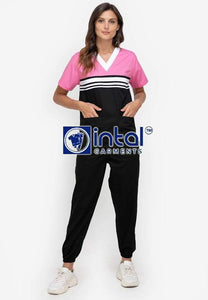 Scrub Suit High Quality Medical Doctor Nurse Scrubsuit Jogger 4 Pocket Pants Unisex Scrubs 03J Black-Rose Pink