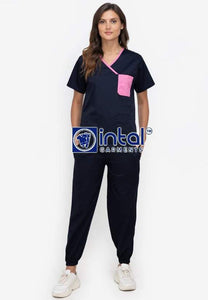 Scrub Suit High Quality Medical Doctor Nurse Scrubsuit Jogger 4 Pocket Pants Unisex Scrubs 04I Midnight Blue-Rose Pink