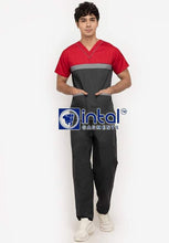 Scrub Suit High Quality Medical Doctor Nurse Scrubsuit Regular/Jogger 4 Pocket Pants or Cargo 6 Pocket Pants Unisex Scrubs 03B Charcoal Grey-Red