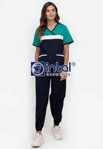 Scrub Suit High Quality Medical Doctor Nurse Scrubsuit Jogger Pants Unisex Scrubs 04H Midnight Blue-Emerald Green