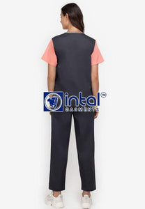 Scrub Suit High Quality Medical Doctor Nurse Scrubsuit Regular/Jogger 4 Pocket Pants or Cargo 6 Pocket Pants Unisex Scrubs 03B Charcoal Grey-Peach