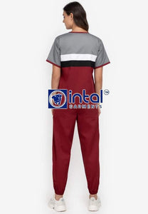 Scrub Suit High Quality Medical Doctor Nurse Scrubsuit Jogger Pants Unisex Scrubs 04H Maroon-Light Grey