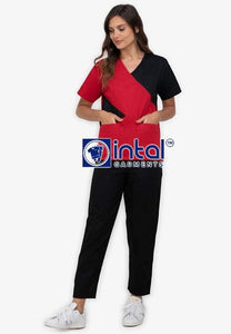 Scrub Suit High Quality Medical Doctor Nurse Scrubsuit Regular 4 Pocket Pants Unisex Scrubs 11 Red-Black