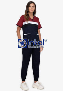 Scrub Suit High Quality Medical Doctor Nurse Scrubsuit Jogger Pants Unisex Scrubs 04H Midnight Blue-Maroon