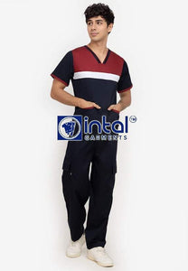 Scrub Suit High Quality Medical Doctor Nurse Scrubsuit Jogger or Cargo 6 Pocket Pants Unisex Scrubs 03F Midnight Blue-Maroon