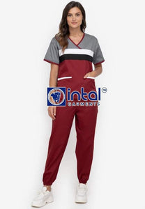 Scrub Suit High Quality Medical Doctor Nurse Scrubsuit Jogger Pants Unisex Scrubs 04H Maroon-Light Grey
