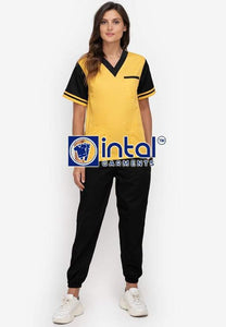 Scrub Suit High Quality Medical Doctor Nurse Scrubsuit Regular/Jogger 4 Pocket Pants Unisex Scrubs 01D Yellow-Black