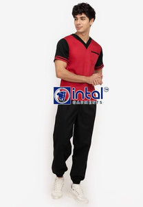 Scrub Suit High Quality Medical Doctor Nurse Scrubsuit Regular/Jogger 4 Pocket Pants Unisex Scrubs 01D Red-Black