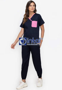 Scrub Suit High Quality Medical Doctor Nurse Scrubsuit Jogger 4 Pocket Pants Unisex Scrubs 04I Midnight Blue-Rose Pink