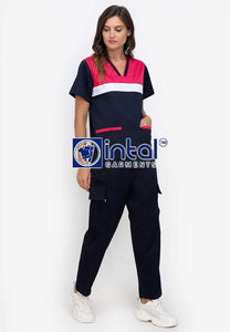 Scrub Suit High Quality Medical Doctor Nurse Scrubsuit Jogger or Cargo 6 Pocket Pants Unisex Scrubs 03F Midnight Blue-Fuchcsia