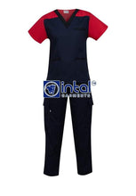 Scrub Suit High Quality Medical Doctor Nurse Scrubsuit Regular/Jogger 4 Pocket Pants or Cargo 6 Pocket Pants Unisex Scrubs 05A Midnight Blue-Rose Pink