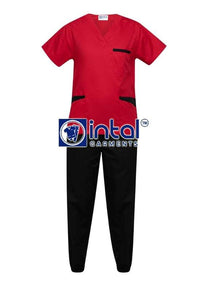 Scrub Suit High Quality Medical Doctor Nurse Scrubsuit Regular/Jogger 4 Pocket Pants Unisex Scrubs 01B Red-Black