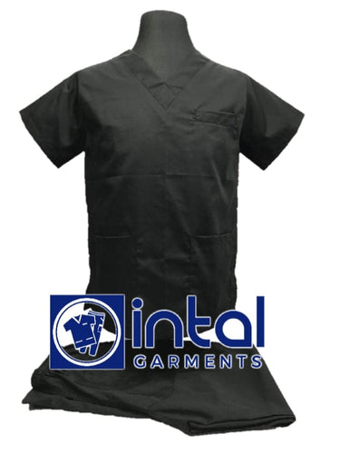 INTAL SCRUBSUIT 01A HIGH QUALITY Classic V-Neck Regular 4 Pocket Pants Unisex Scrubs - BLACK