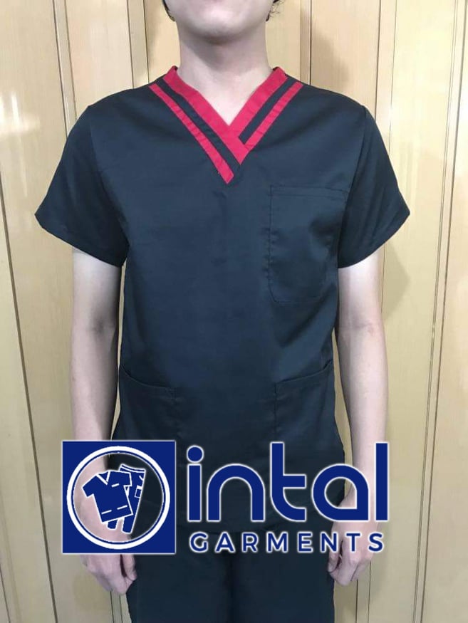 SCRUB SUITS High Quality SS_01C Polycotton by INTAL GARMENTS Color Black - Red