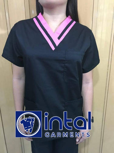 SCRUB SUIT High Quality SS_01C Polycotton by INTAL GARMENTS Color Black - Rose Pink