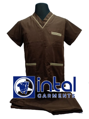 INTAL SCRUBSUIT 02 HIGH QUALITY Classic V-Neck Regular 4 Pocket Pants Unisex Scrubs - CHOCOLATE BROWN - KHAKI