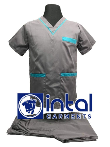 INTAL SCRUBSUIT 02 HIGH QUALITY Classic V-Neck Regular 4 Pocket Pants Unisex Scrubs - SILVER GREY - AQUA BLUE