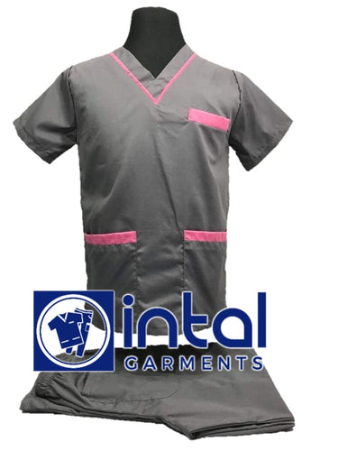 INTAL SCRUBSUIT 02 HIGH QUALITY Classic V-Neck Regular 4 Pocket Pants Unisex Scrubs - SILVER GREY - ROSE PINK