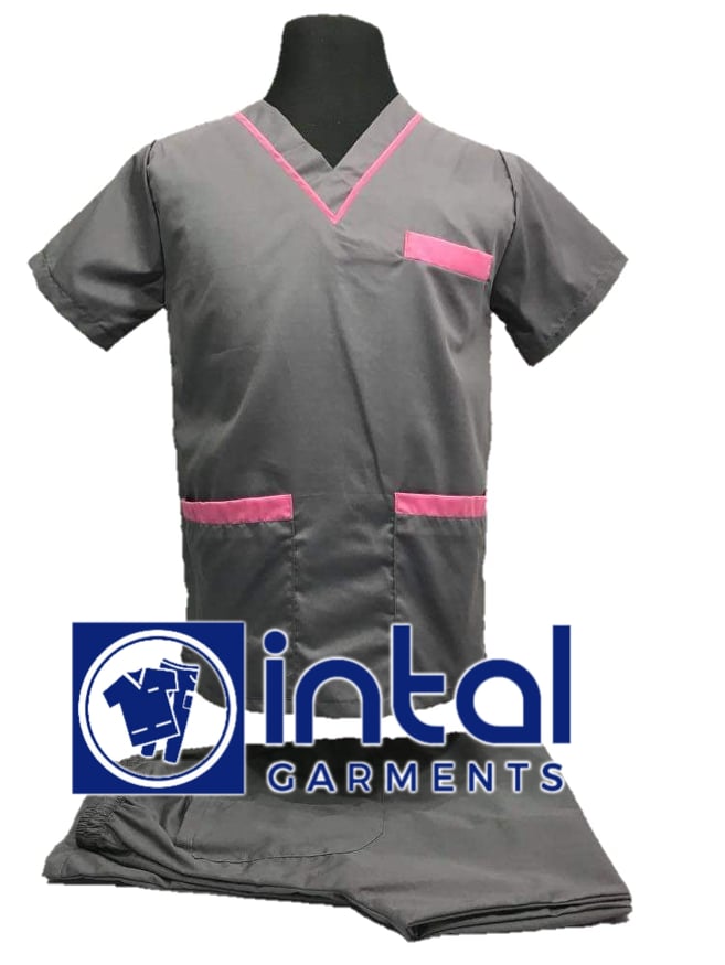 SCRUB SUIT High Quality SS 02 Polycotton by INTAL GARMENTS Color Light Grey - Rose Pink
