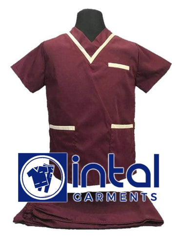 INTAL SCRUBSUIT 02 HIGH QUALITY Classic V-Neck Regular 4 Pocket Pants Unisex Scrubs - MAROON - BEIGE