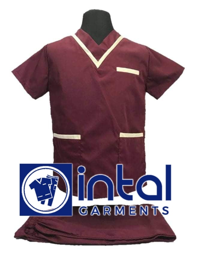 SCRUB SUIT High Quality SS 02 Polycotton by INTAL GARMENTS Color Maroon - Beige