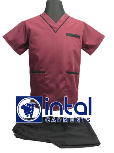 INTAL SCRUBSUIT 02 HIGH QUALITY Classic V-Neck Regular 4 Pocket Pants Unisex Scrubs - MAROON - BLACK
