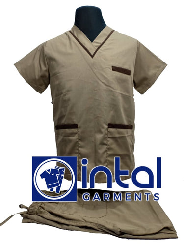 INTAL SCRUBSUIT 02 HIGH QUALITY Classic V-Neck Regular 4 Pocket Pants Unisex Scrubs - CHOCOLATE BROWN - KHAKI