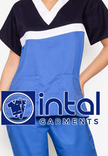 SCRUB SUIT High Quality SS_03 Polycotton by INTAL GARMENTS Color Azure Blue - White - Midnight Blue