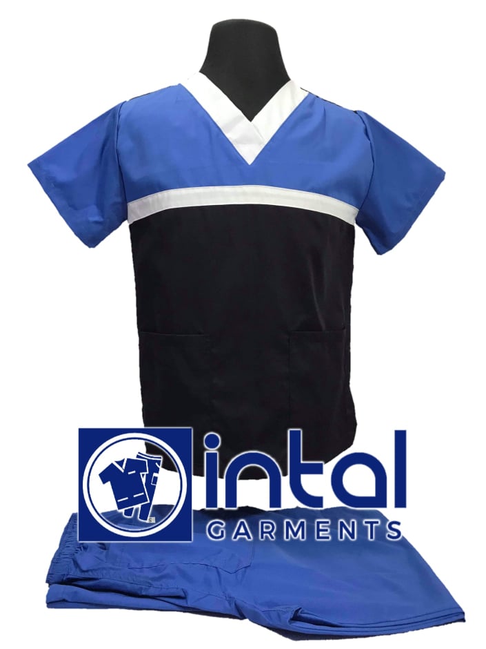 SCRUB SUIT High Quality SS_03 Polycotton by INTAL GARMENTS Color Midnight Blue - White - Azure Blue Pants